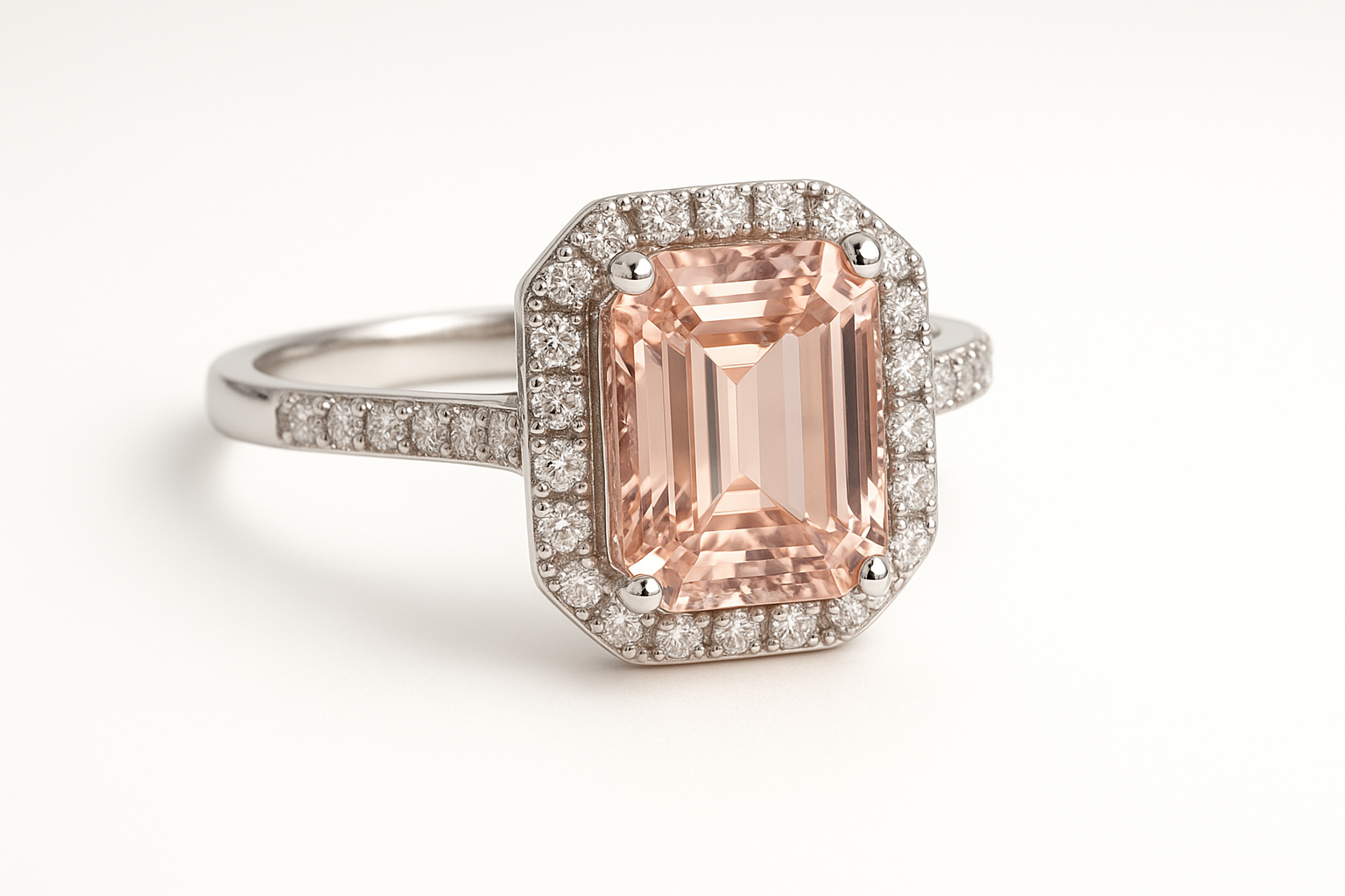 Sužadėtuvių žiedas halo dizaino su smaragdo formos morganitu centre ir smulkiais deimantais aplinkui.