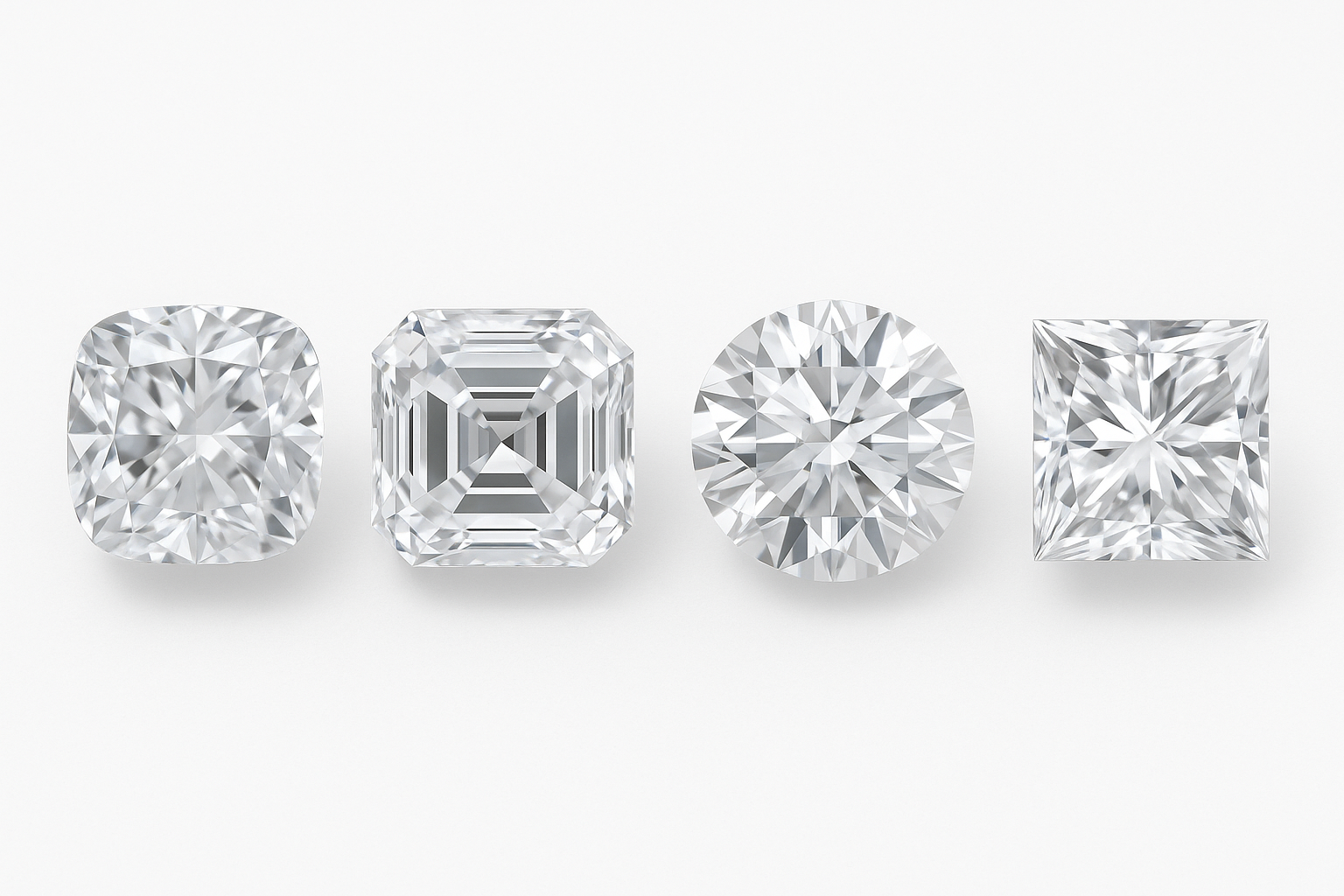 Skirtingų formų deimantai – Cushion, Asscher, Round Brilliant ir Princess – aiškiai matomos skirtingos briaunavimo detalės