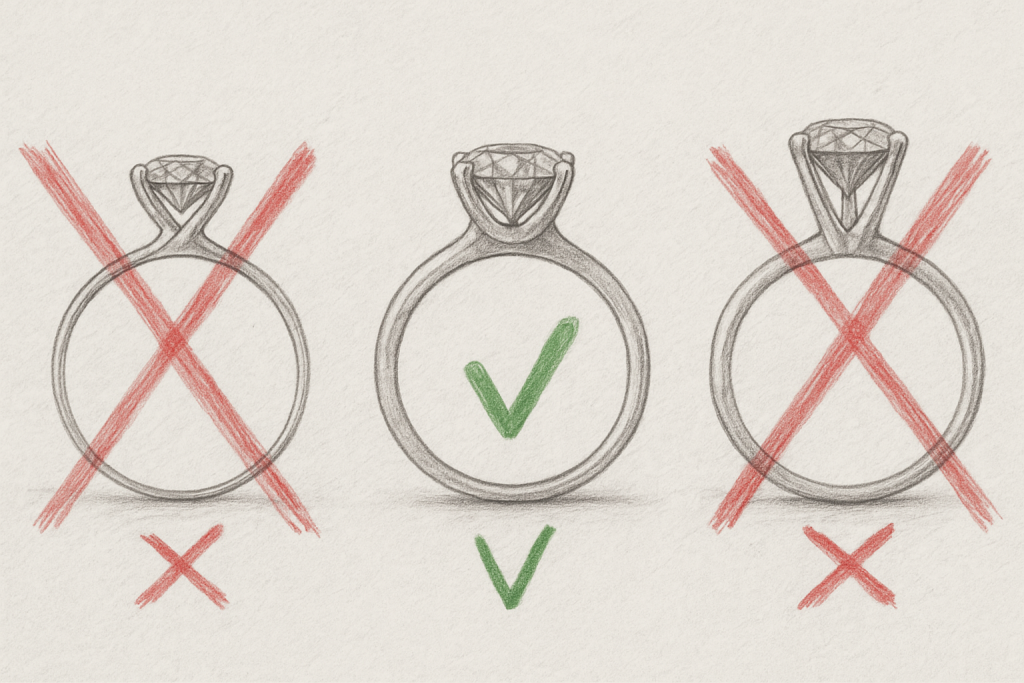 Sužadėtuvių žiedas su deimantu arti – pabrėžtas proporcingas lankelio ir karūnėlės derinys.