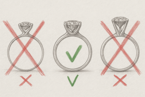 Sužadėtuvių žiedas su deimantu arti – pabrėžtas proporcingas lankelio ir karūnėlės derinys.