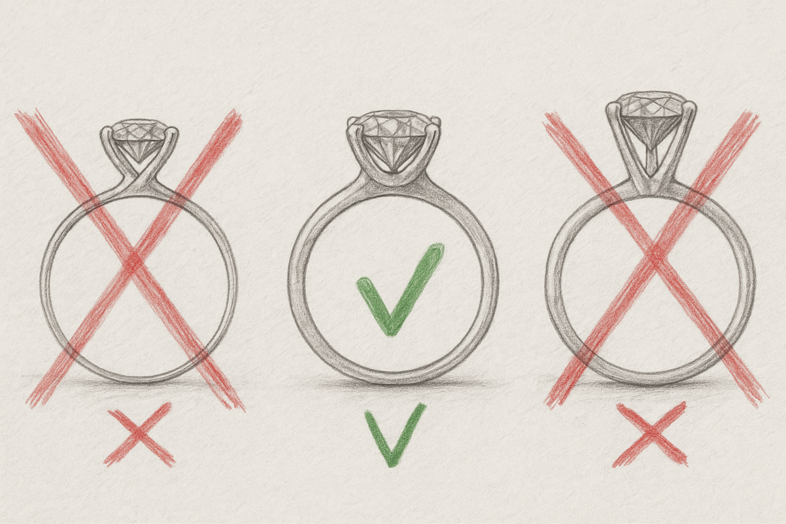 Sužadėtuvių žiedų palyginimas: iš kairės – žiedas su per siauru lankeliu, žiedas su subalansuotu lankeliu ir karūnėle, žiedas su per aukšta karūnėle