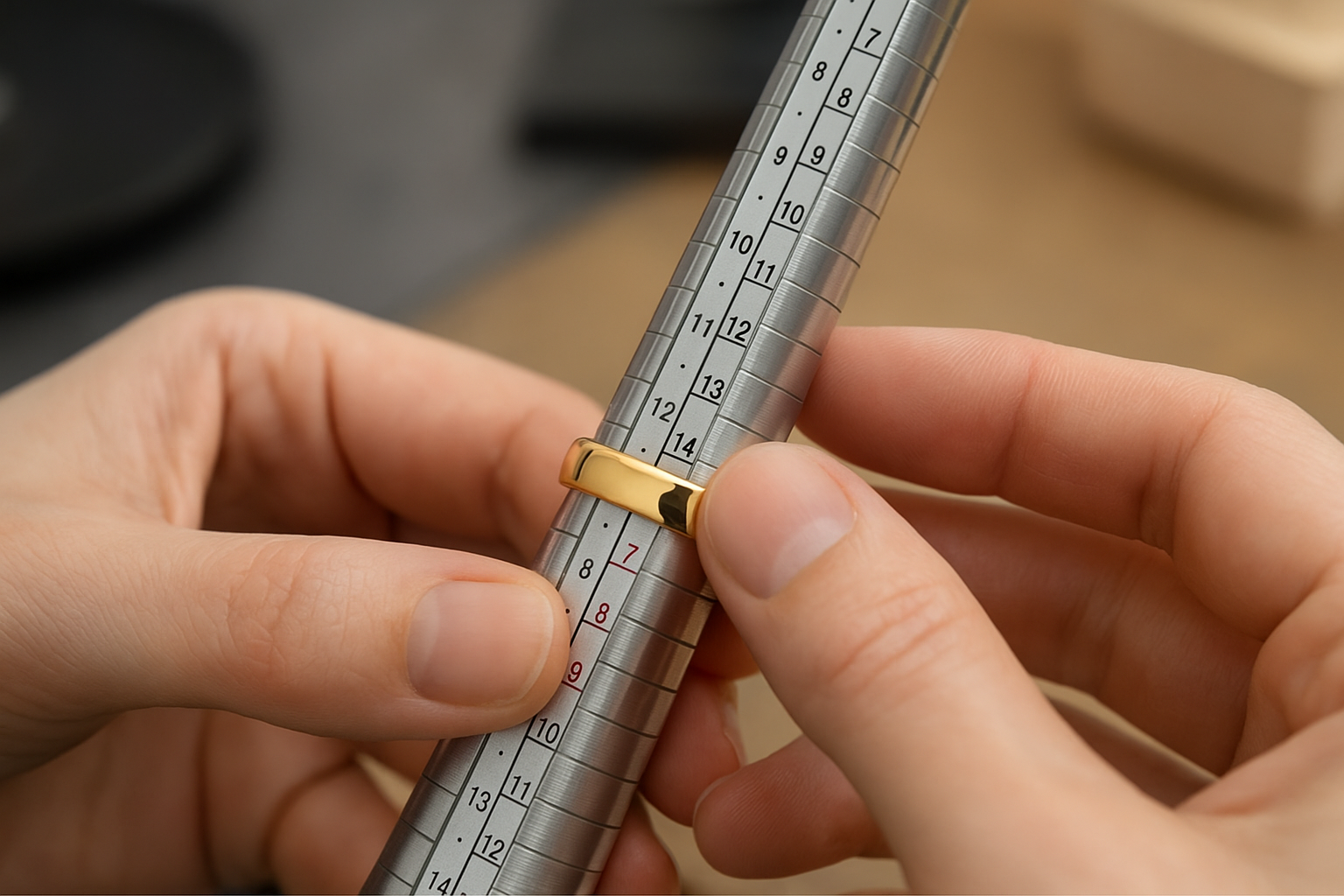 Žiedo dydžio matavimas juvelyrikos salone – profesionalus būdas nustatyti tikslius sužadėtuvių ir vestuvinių žiedų dydžius pagal lentelę.