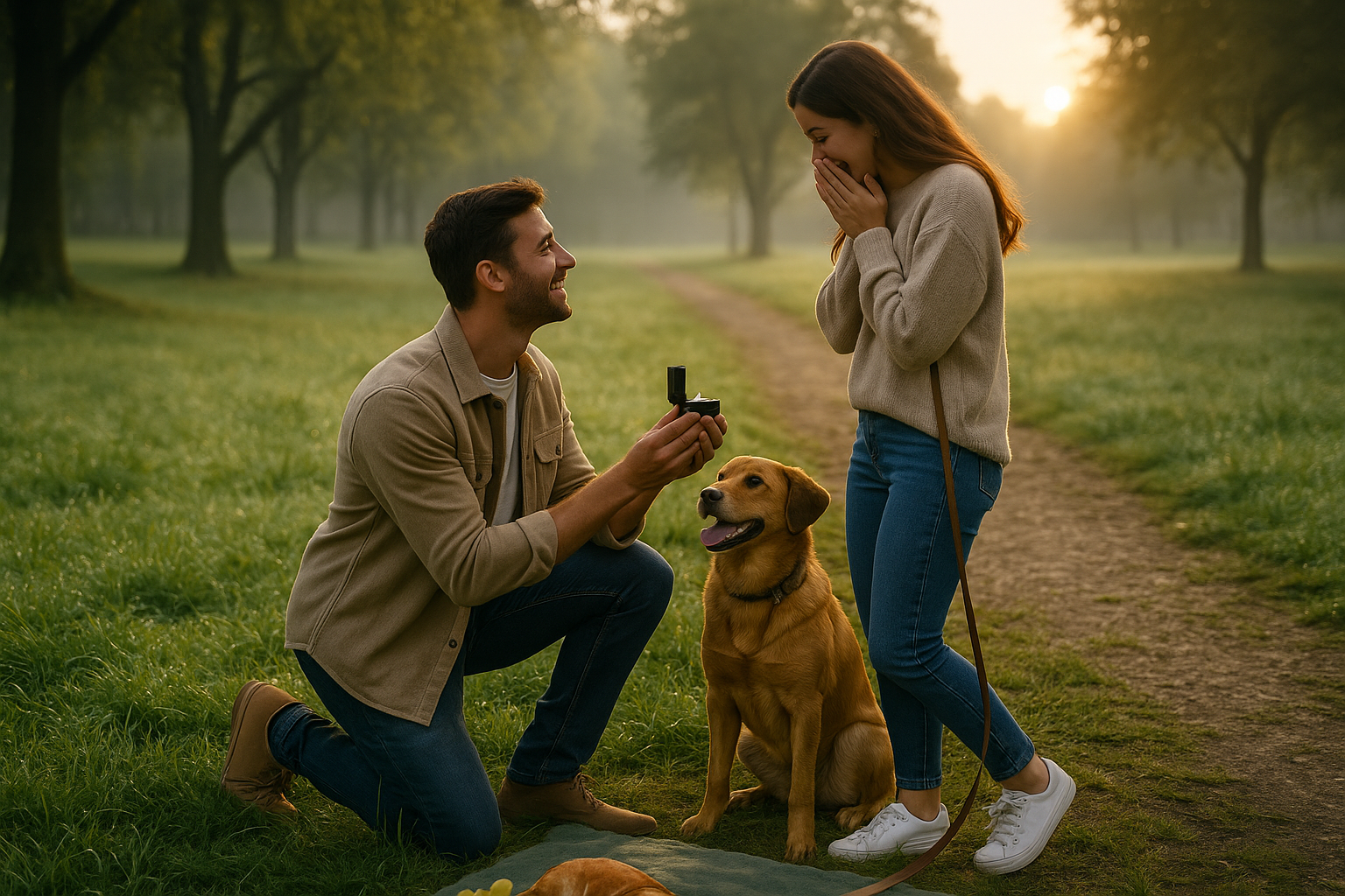 Romantiškas rytinis pasivaikščiojimas parke – vyras priklaupęs ant vieno kelio sužadėtuvėms, šalia jų žaismingai stebi šuo, aplink rasota žolė ir švelni saulės šviesa