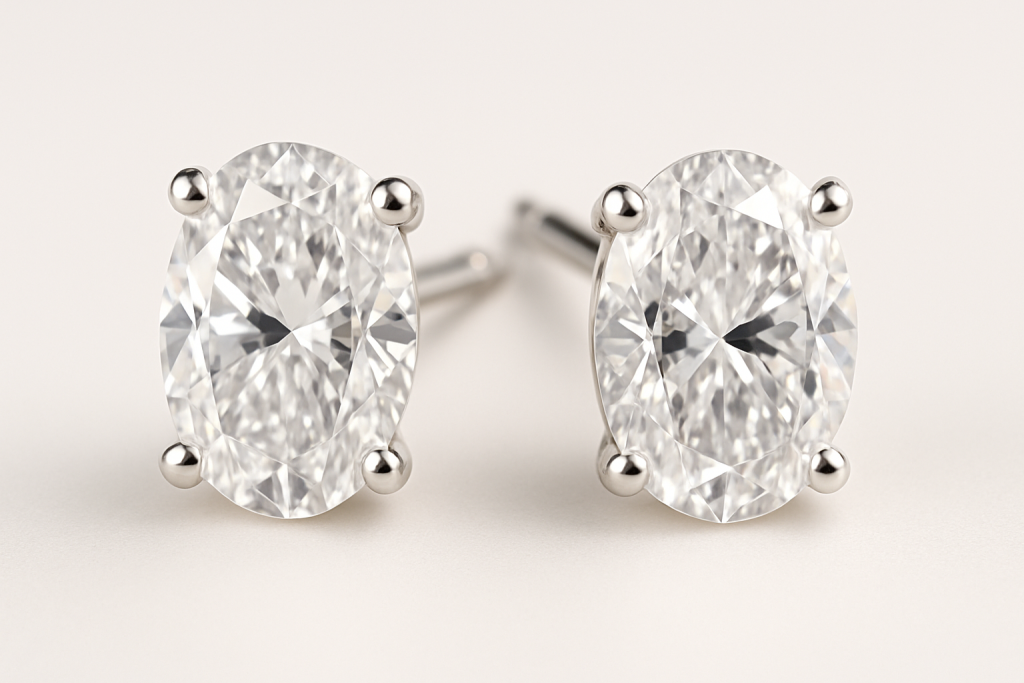 Auskarai su deimantais, įstatytais į elegantišką keturių kojelių tvirtinimą, neutraliai šviesiame fone