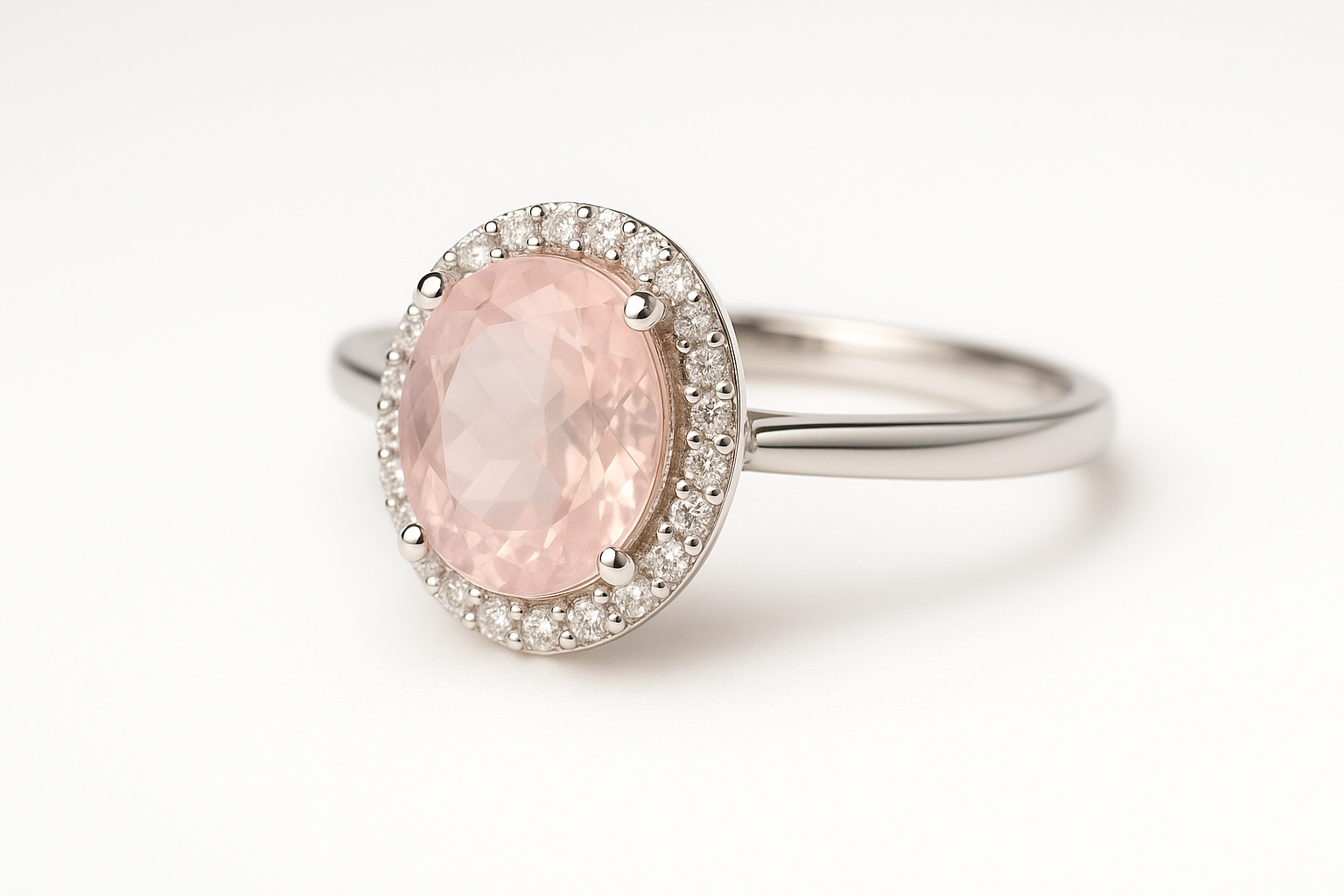 Pierścionek zaręczynowy typu halo z kwarcem różowym w centrum i drobnymi diamentami wokół.