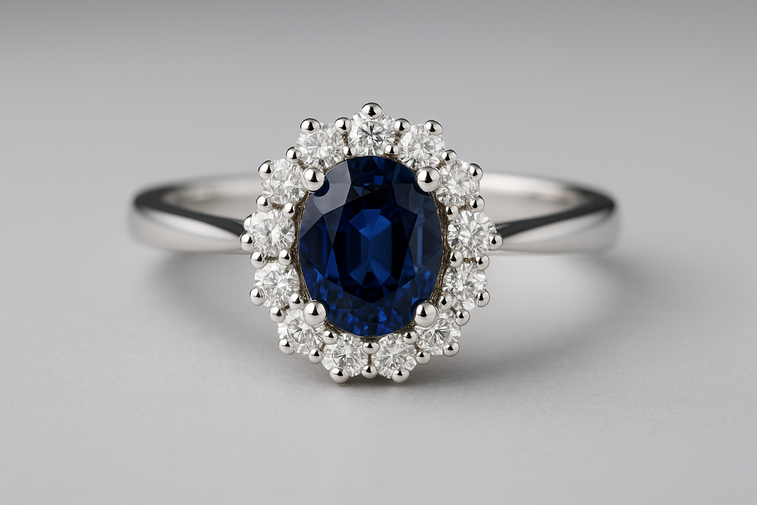 Prabangus halo stiliaus sužadėtuvių žiedas iš rodžiu dengto balto aukso – centre karališkas mėlynas safyras, apsuptas spindinčio briliantų vainiko