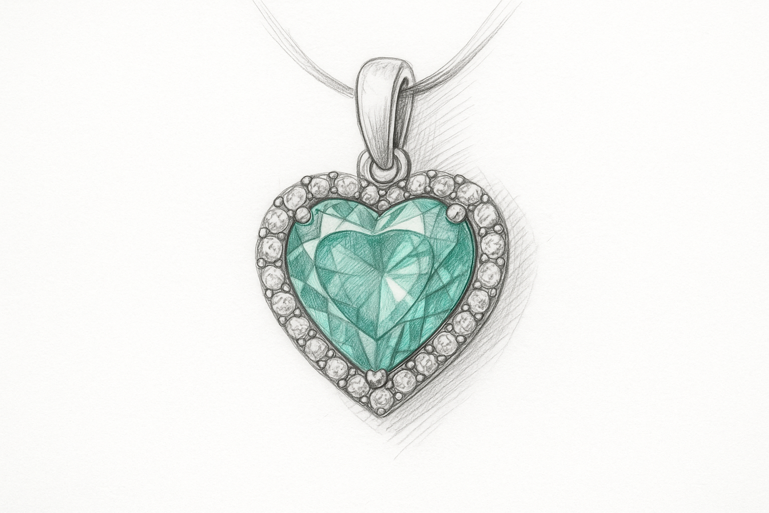 Eskiis – käsitsi joonistatud südamekujulise akvamariiniga ripats teemantäärisega, kujutatud valgel paberil