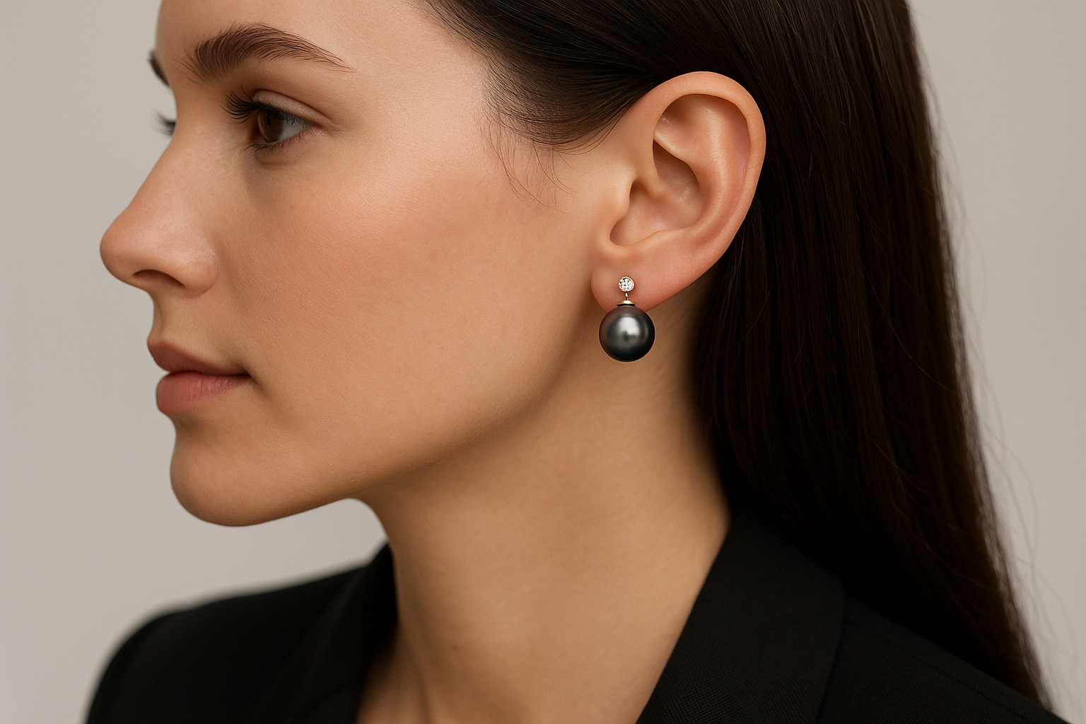 Auskarai vinukai su Tačio perlu ir deimantu ant stilingos moters ausies