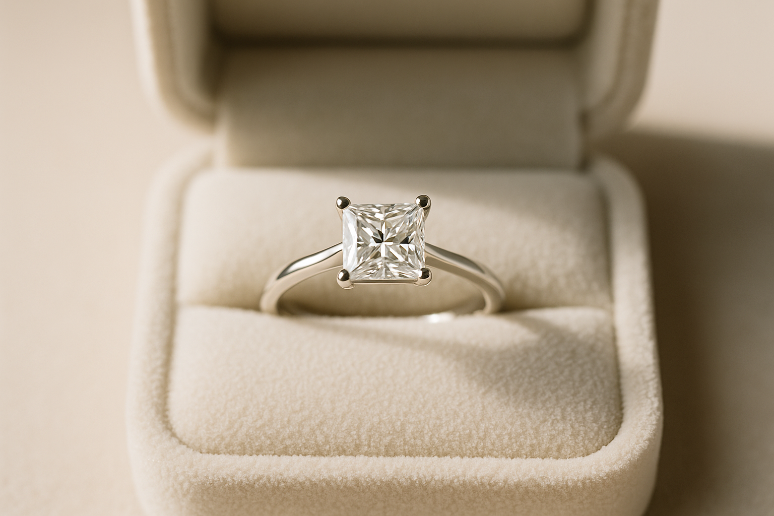 Baltame aukse pagamintas sužadėtuvių žiedas su princesės pjūvio deimantu, keturių laikiklių tvirtinime, atidarytoje prabangioje aksominėje dėžutėje