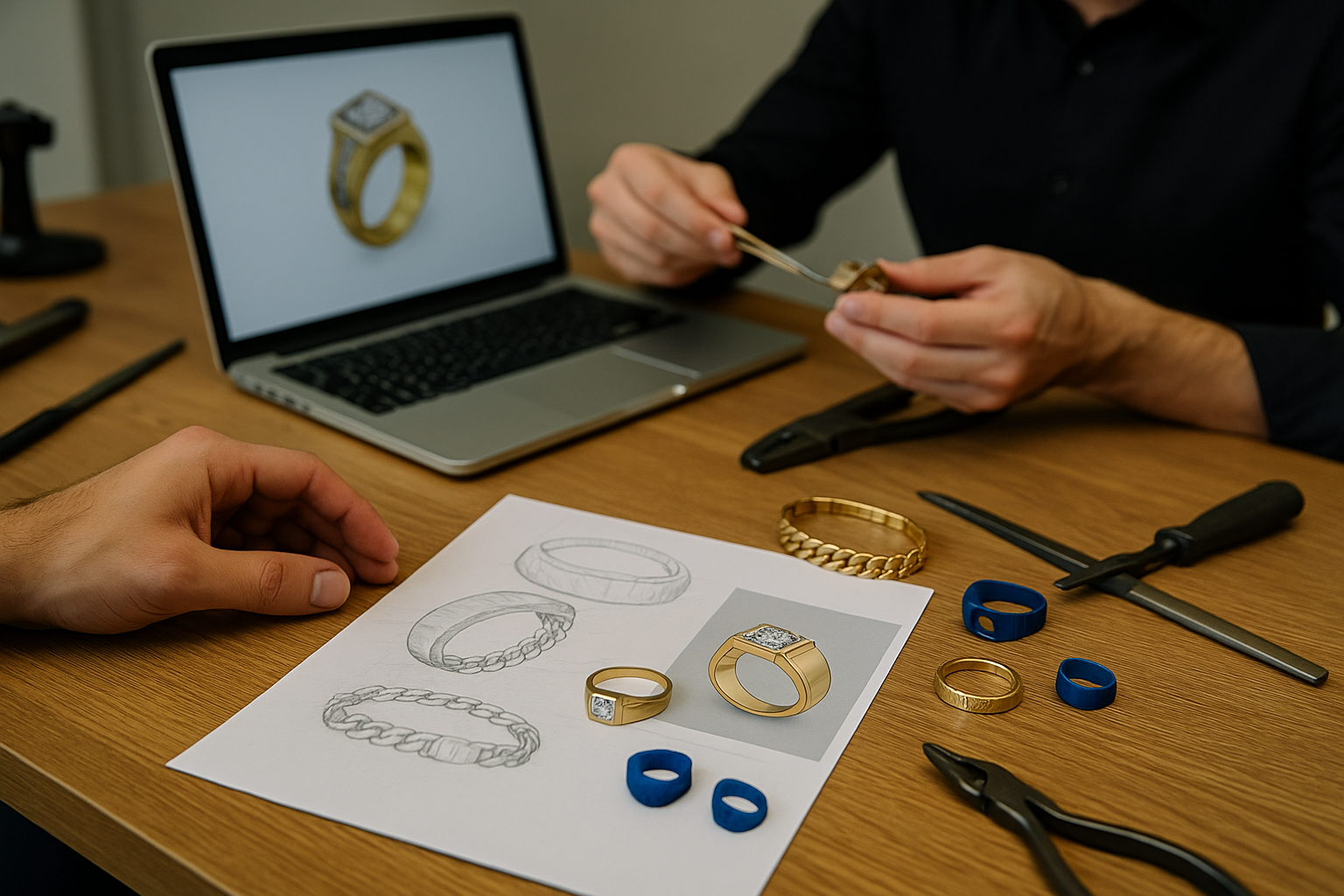 Individualūs užsakymai – dizainerio stalas su eskizais, 3D modeliais ir baigtu auksiniu žiedu, atspindintis procesą nuo idėjos iki papuošalo