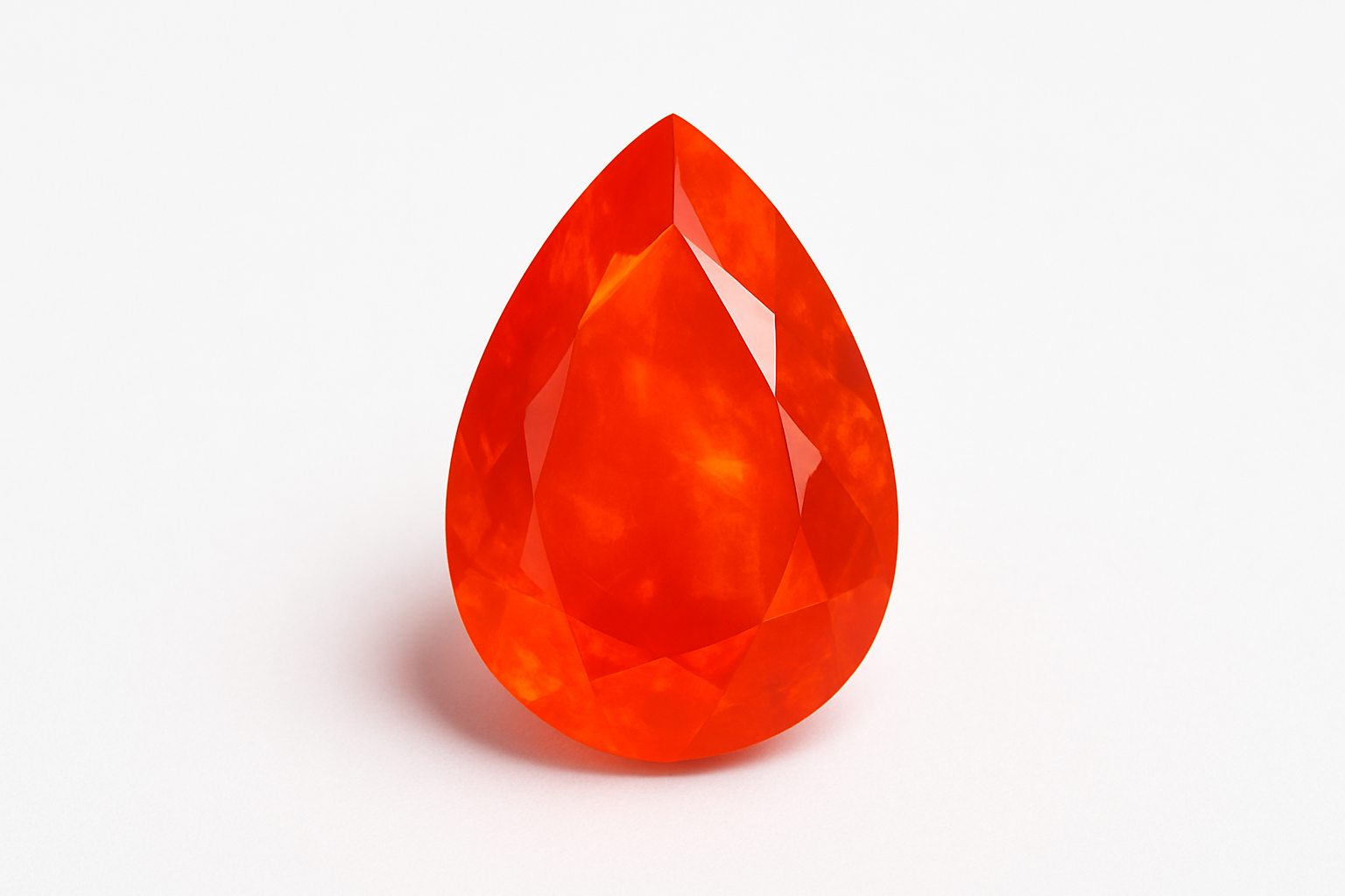 Pirnikujuline tuliopaal valgel taustal, säramas oranžides ja punastes toonides, ere vääriskivi värv