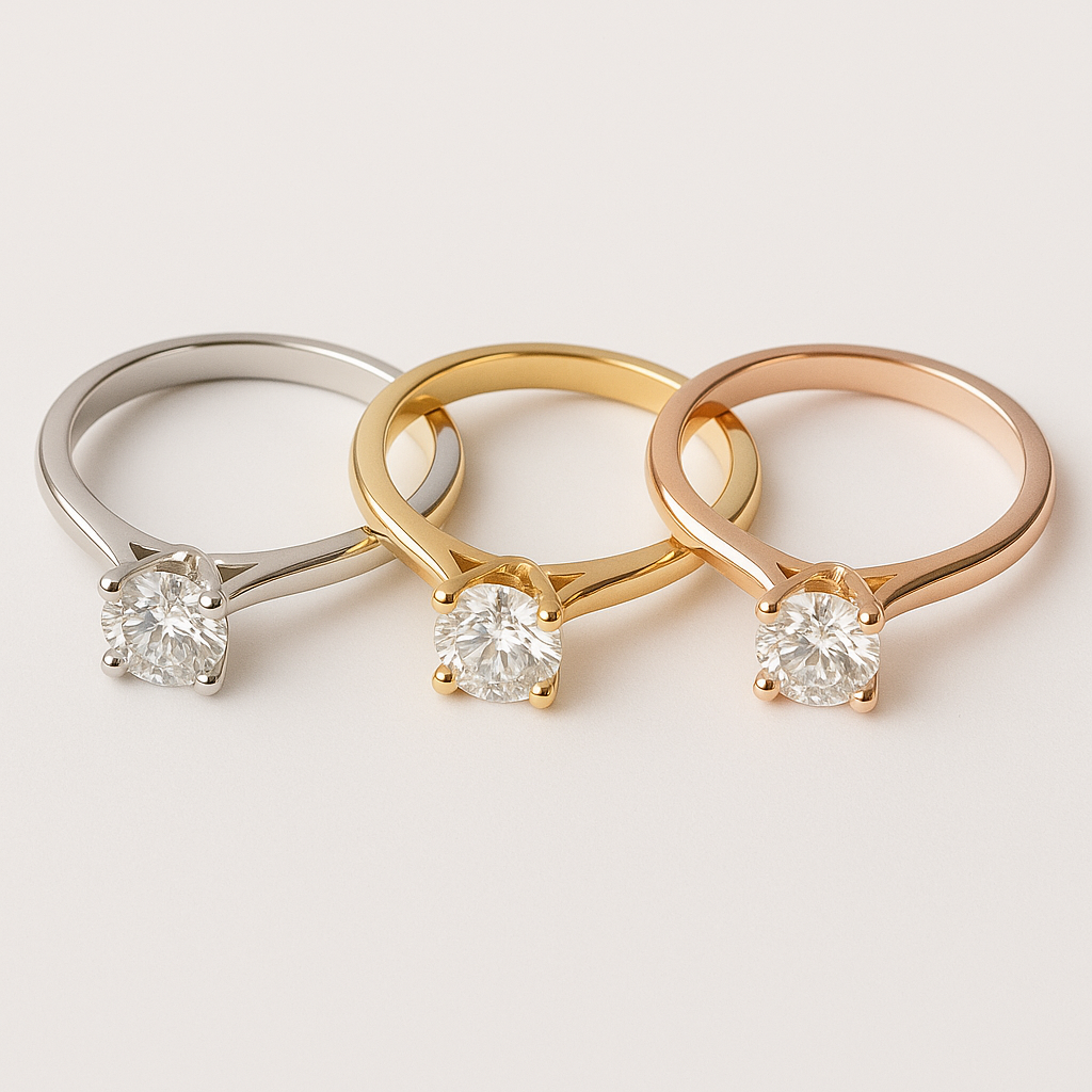 Trys sužadėtuvių žiedai su deimantais – balto, geltono ir raudono aukso atspalvių palyginimas