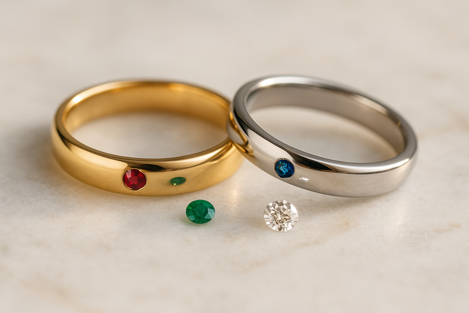 Vestuviniai žiedai su deimantu, safyru, rubinu ir smaragdu – kiekvieno brangakmenio simbolinė reikšmė.