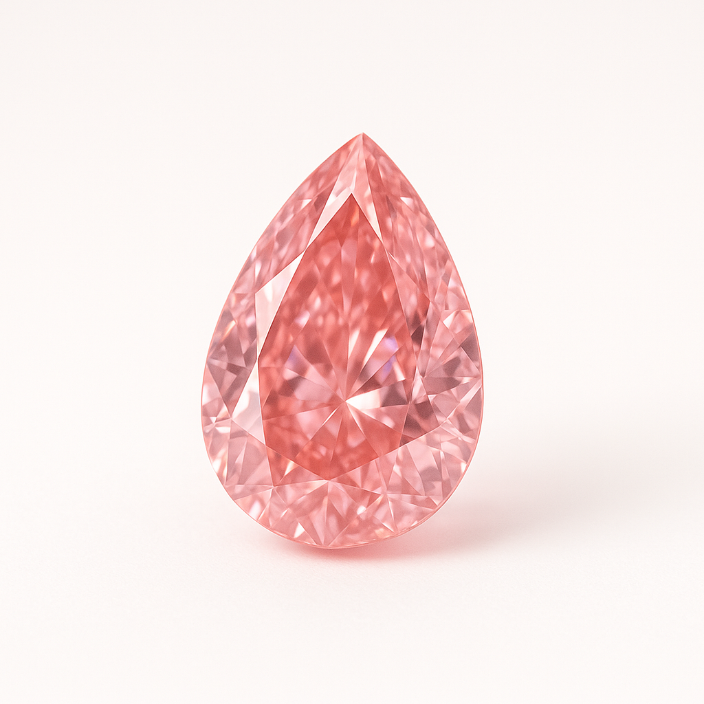 Rožinis lašo formos deimantas ant balto fono – subtilus, romantiškas brangakmenis, spindintis švelniu rožiniu atspalviu
