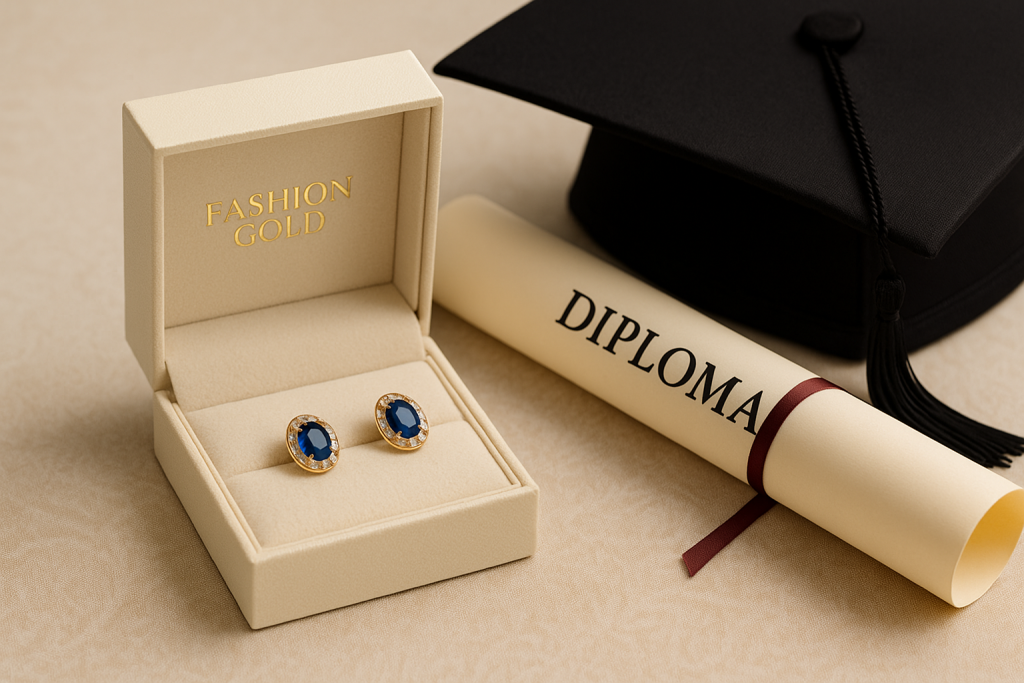 Auksiniai „Fashion Gold“ auskarai su safyrais elegantiškoje dėžutėje, šalia išleistuvių diplomas ir akademinė kepuraitė – prabangi dovana mokyklos ar universiteto baigimo proga.
