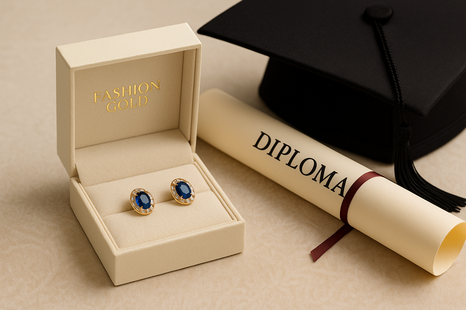 Auksiniai „Fashion Gold“ auskarai su safyrais elegantiškoje dėžutėje, šalia išleistuvių diplomas ir akademinė kepuraitė – prabangi dovana mokyklos ar universiteto baigimo proga.