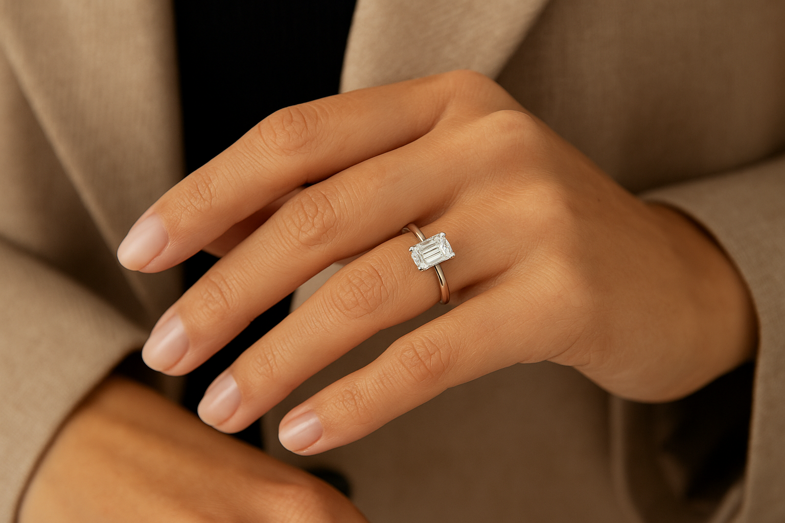 Stilingos moters kairės rankos bevardis pirštas papuoštas klasikiniu sužadėtuvių žiedu su emerald formos deimantu