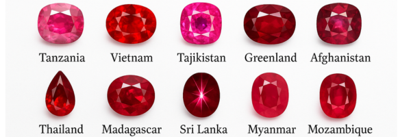 Įvairių atspalvių rubinai iš skirtingų pasaulio regionų – brangakmenio kilmės ir spalvų įvairovė.