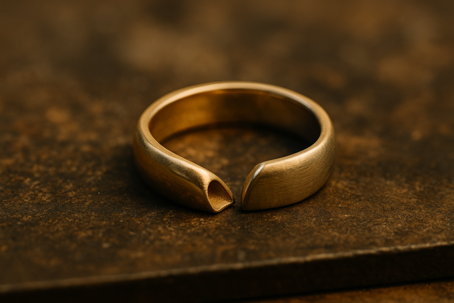 Perkirptas per pusę geltono aukso vestuvinis žiedas ant juvelyro stalo, aiškiai matosi, kad vidus tuščiaviduris, todėl žiedas lengvesnis