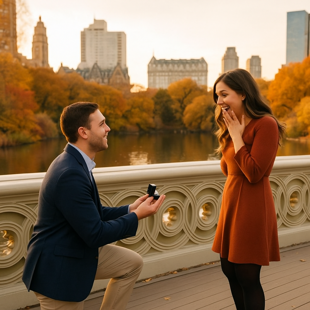 Sužadėtuvių akimirka ant „Bow Bridge“ tilto Niujorko Centriniame parke rudenį.