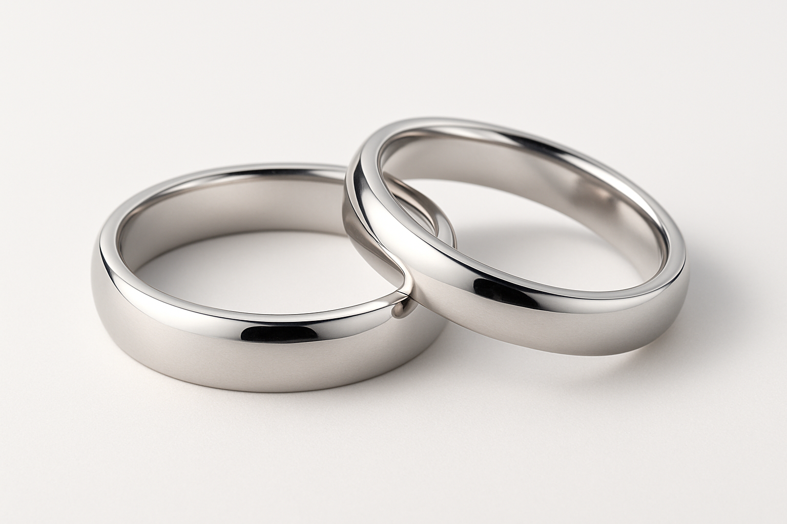 Du vestuviniai žiedai iš paladžio ant balto fono – lygus, blizgus paviršius subtiliai atspindi šviesą, pabrėždamas prabangų metalinį atspalvį.