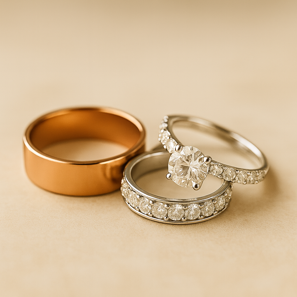 Skirtingo dizaino vestuviniai žiedai su deimantais iš balto aukso ir vestuvinis žiedas rožinio aukso