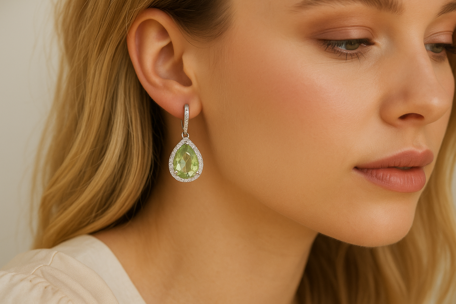 Ant stilingos merginos ausies spindi baltas auksinis kabantis auskaras halo dizaino su lašo formos prazolitu ir smulkiais deimantais aplinkui.