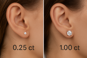 Palyginimo nuotrauka, auskarai vinukas su 0,25 ct ir 1 ct deimantu