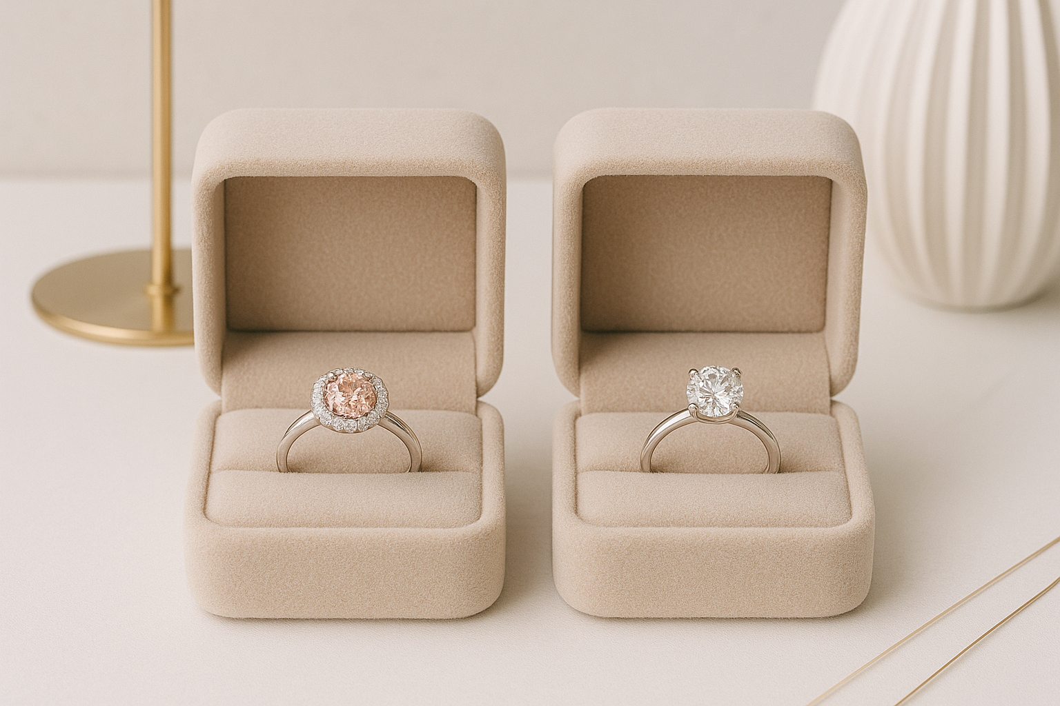 Klasikinis sužadėtuvių žiedas su baltu deimantu ir Halo žiedas su rožiniu deimantu – modernios sužadėtuvių žiedų tendencijos 2025 metais