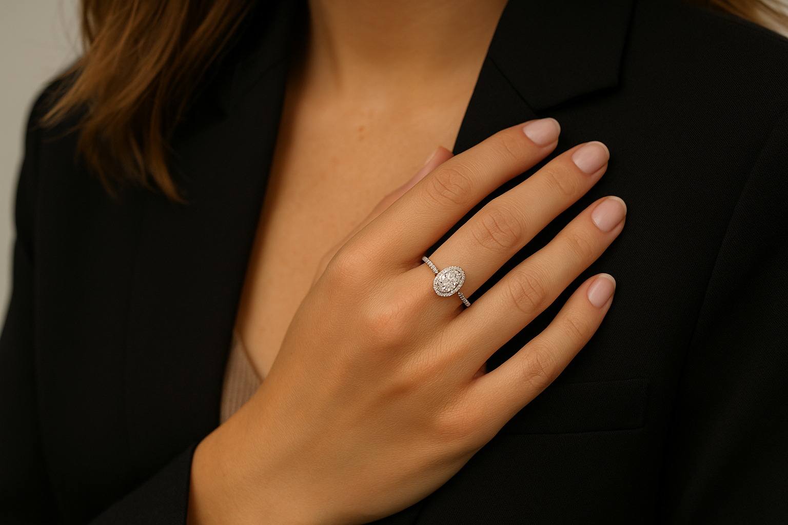 Halo dizaino balto aukso sužadėtuvių žiedas su deimantu ovalo formos ir smulkiais deimantais