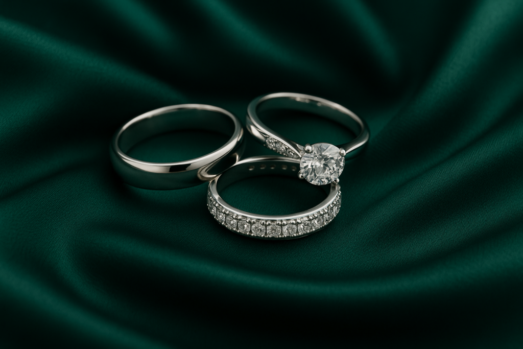 Klasikiniai auksiniai vestuviniai žiedai, deimantinė juostelė ir sužadėtuvių žiedas su briliantu