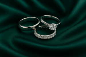 Klasikiniai auksiniai vestuviniai žiedai, deimantinė juostelė ir sužadėtuvių žiedas su briliantu