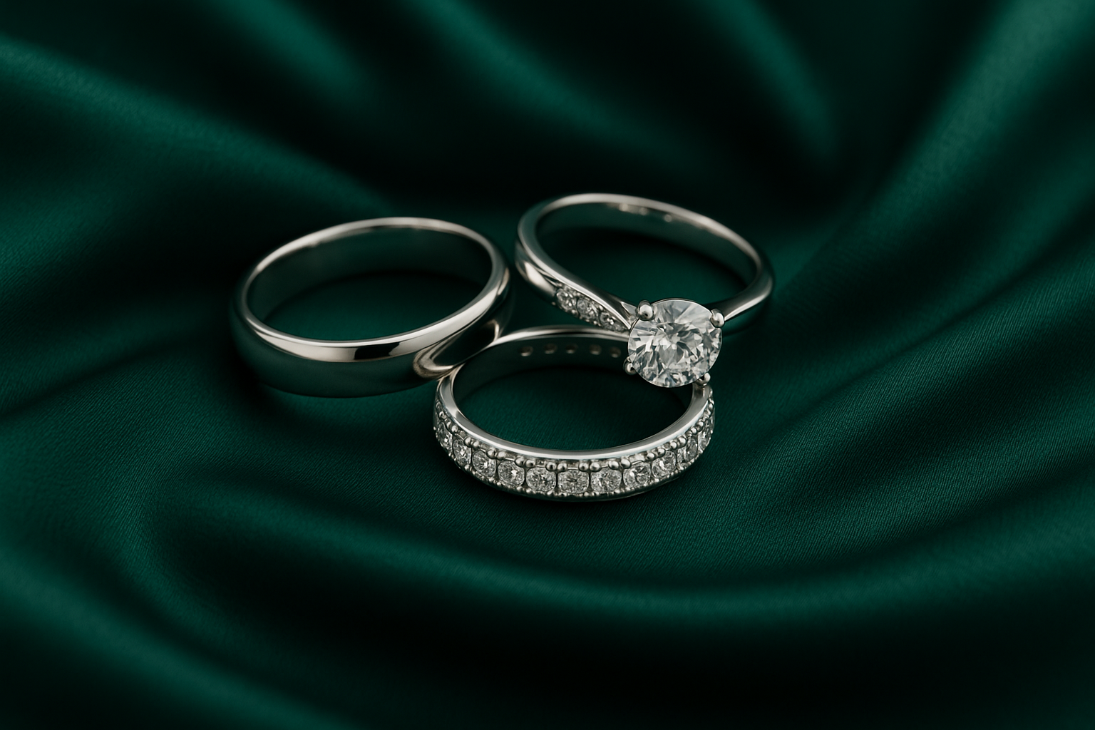 Klasikiniai auksiniai vestuviniai žiedai, deimantinė juostelė ir sužadėtuvių žiedas su briliantu