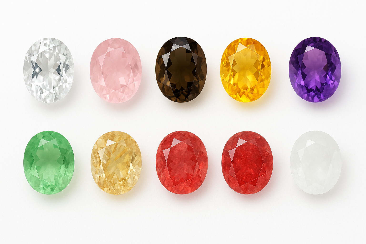 Kwarc w różnych kolorach – przezroczysty kryształ górski, kwarc różowy, kwarc dymny, cytryn, ametyst, zielony prazem, kwarc rutylowy, czerwony kwarc, niebieski kwarc i kwarc mlecznobiały