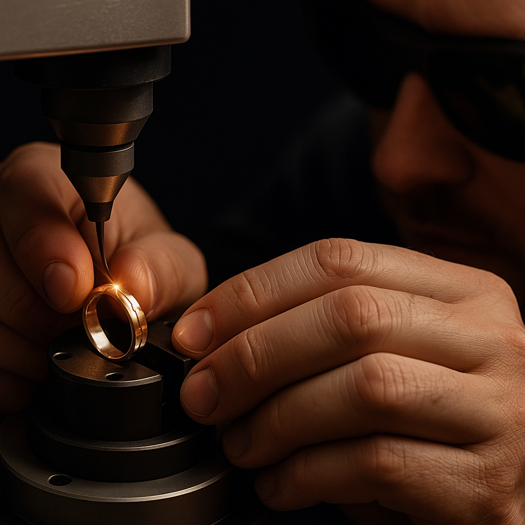 Juvelyras su apsauginiais akiniais preciziškai graviruoja aukso žiedą lazeriu – profesionalus juvelyrikos darbas detaliu stambiu planu