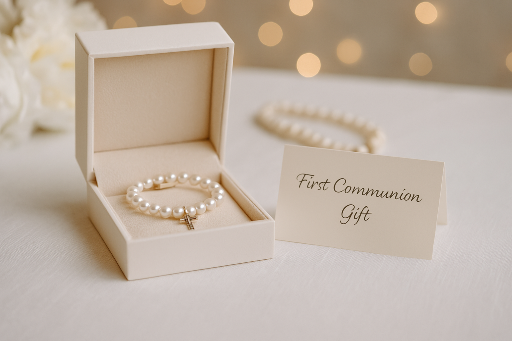 Perlų apyrankė su mažyčiu kryželiu prabangioje dėžutėje – elegantiška ir prasminga Pirmosios Komunijos dovana ant baltos staltiesės.