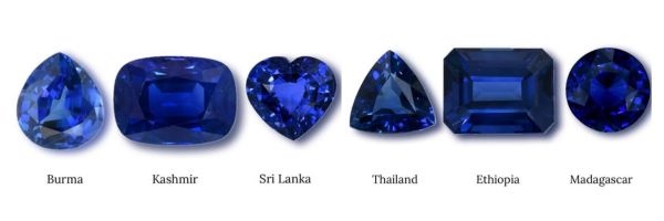 Įvairių atspalvių safyrai iš Ceilono, Birmos, Madagaskaro, Tailando ir Afrikos – spalvų įvairovė pagal kilmės regioną.