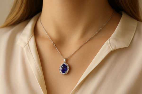 Ant merginos kaklo spindi baltas auksinis pakabukas halo dizaino su tanzanitu ir deimantais aplinkui