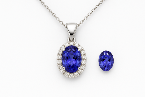 Auksinis pakabukas halo dizaino su tanzanitu ir deimantais aplinkui tanzanitą