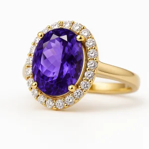 Auksinis žiedas su ovalios formos violetiniu ametistu