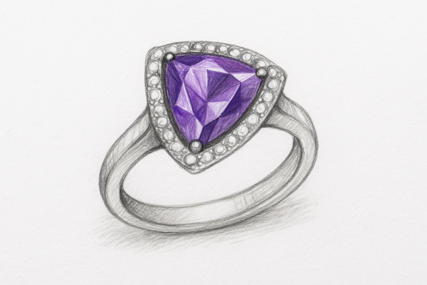 Auksinis žiedas su trikampio formos violetiniu topazu centre ir deimantais