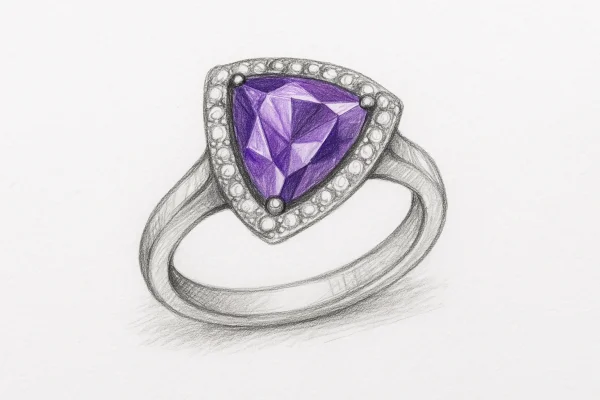 Auksinis žiedas su trikampio formos violetiniu topazu centre ir deimantais