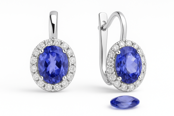 Auskarai halo dizaino su ovalo formos tanzanitais centre ir smulkiais deimantais aplinkui.