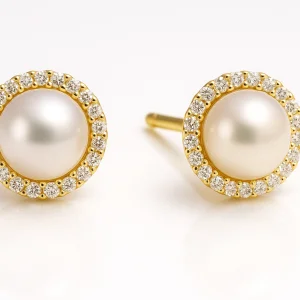 Auskarai su Aokya perlais ir mažais deimantais