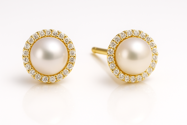 Auskarai su Aokya perlais ir mažais deimantais