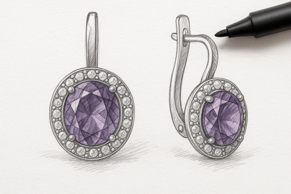 Auskarai su apvaliais ametistais centre, aplink deimantų apvadas, angliškas užsegimas