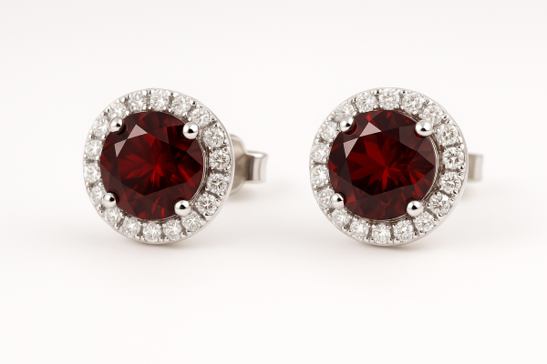 auskarai su apvaliais granatais centre, baltas auksas, deimantai