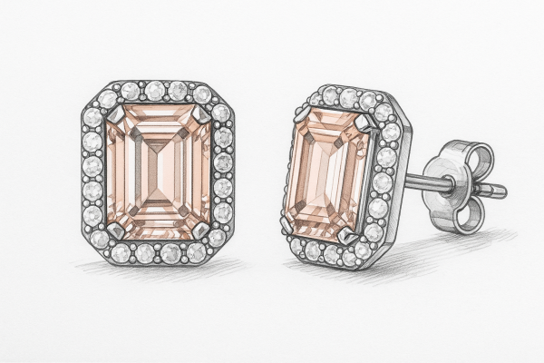 Auskarai su smaragdo formos morganitais centre, aplink deimantais, vinuko užsegimas