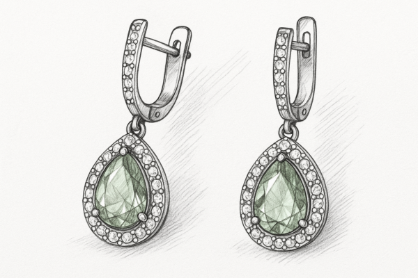 Eskizas auskarai halo dizaino su lašo formos prazolitu, deimantais, angliškas užsegimas