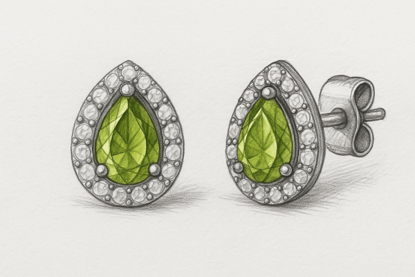Eskizas auskarai su lašo formos peridotais ir deimantais, vinuko užsegimas